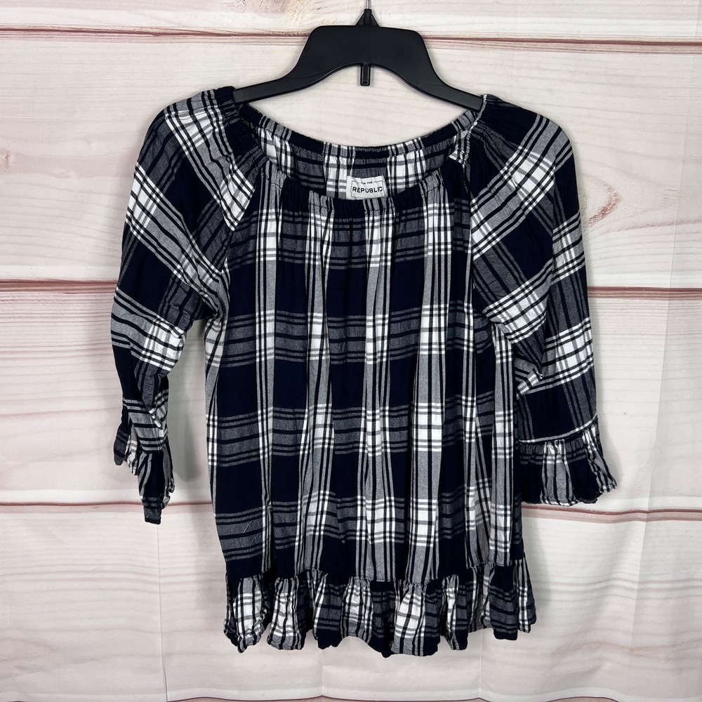For The Republic Top Womens S Blue Plaid Shirt Ruffle Hem Elastic Neck Pullover